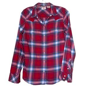 Levi’s Tailored Fit Red Plaid Button Down Flannel Size Small Snaps